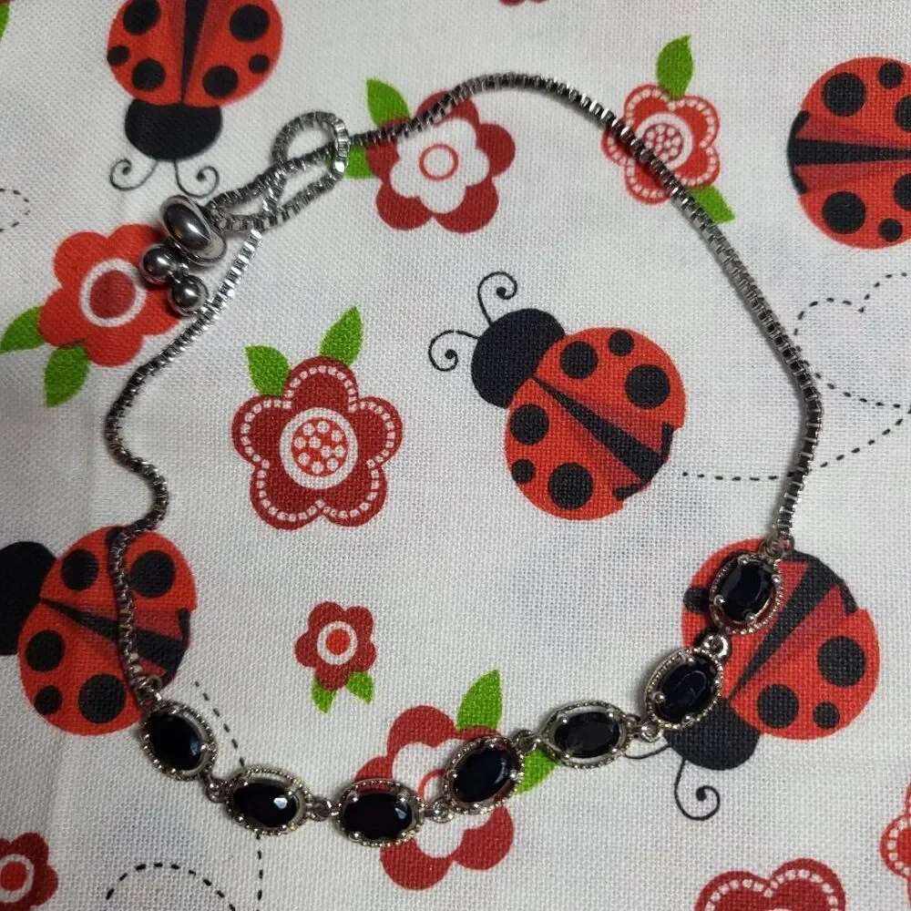 Natural Thai Black Spinel Sterling Silver Bolo Bracelet